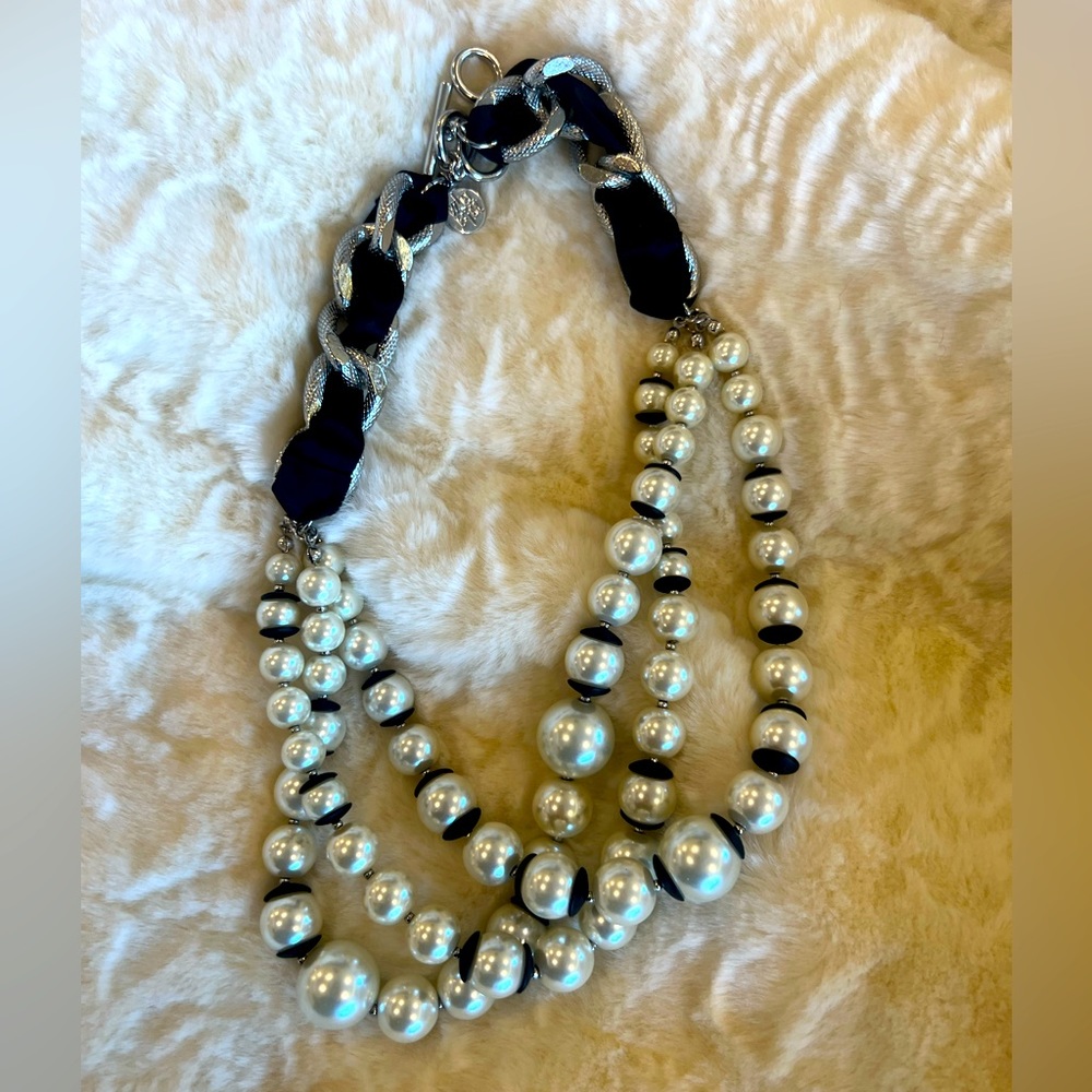 WHBM 3 Strand Large Faux Pearl w/Black, Silver🖤 Ribbon Weave 🖤 Necklace